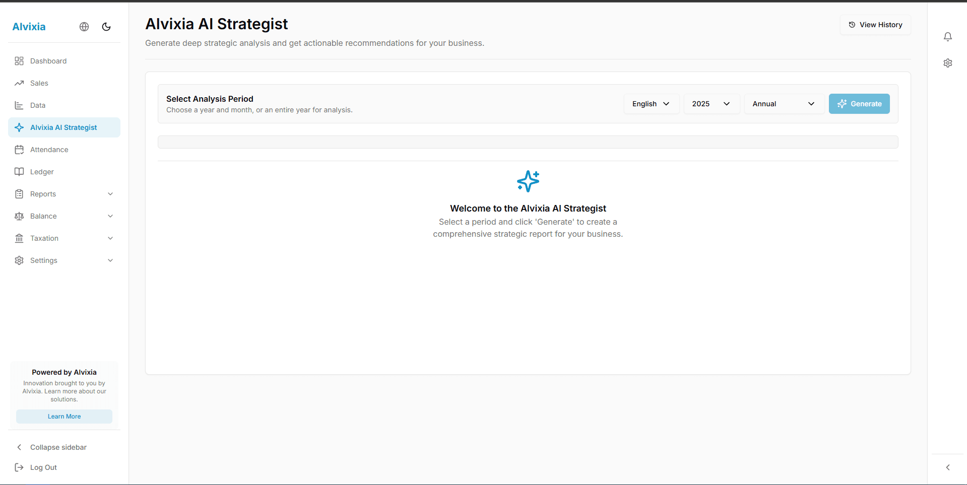 Screenshot of the Alvixia AI Strategist feature.